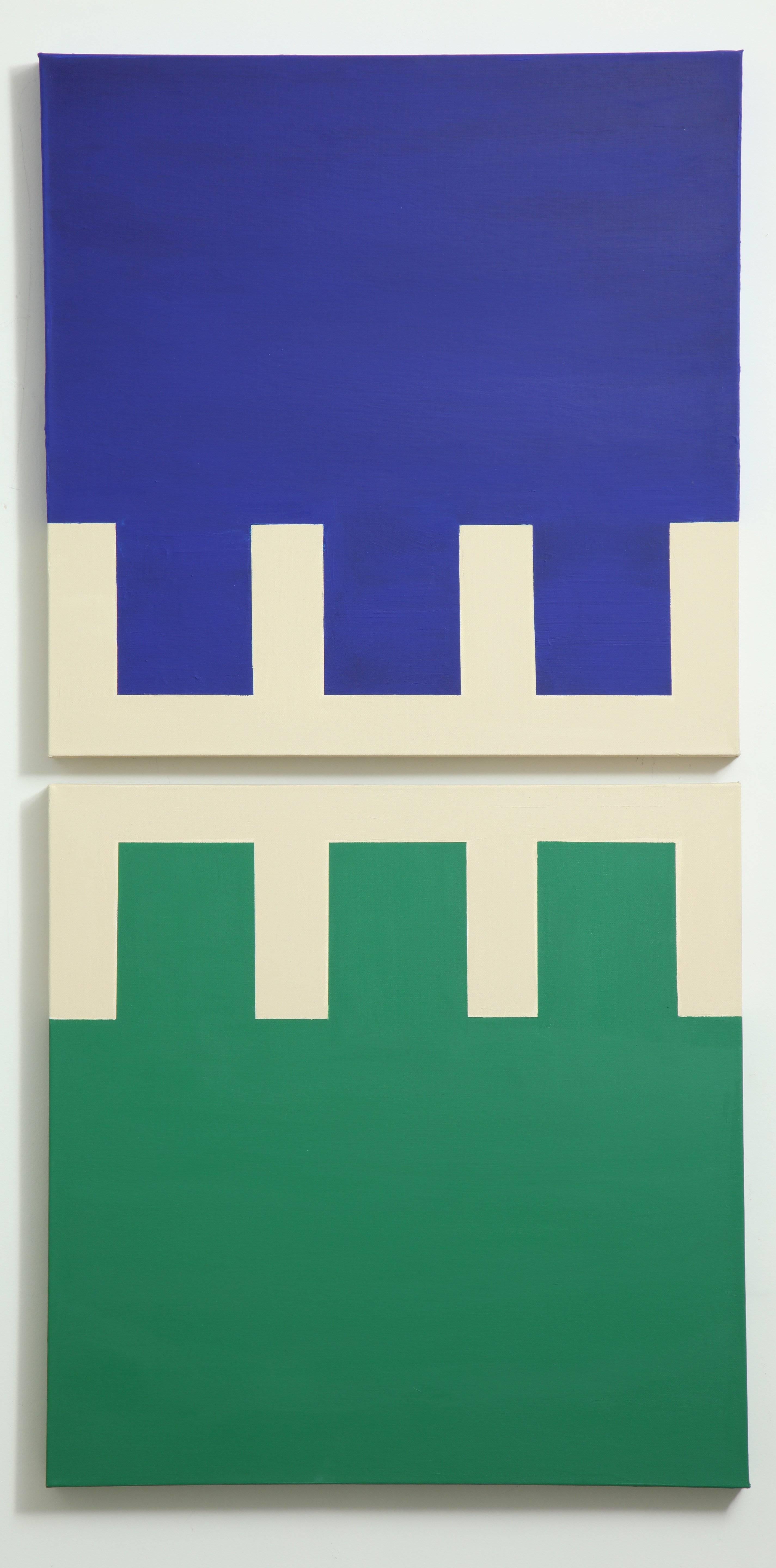 Diptych Abstract Geometric Painting  Blue, Green and Cream