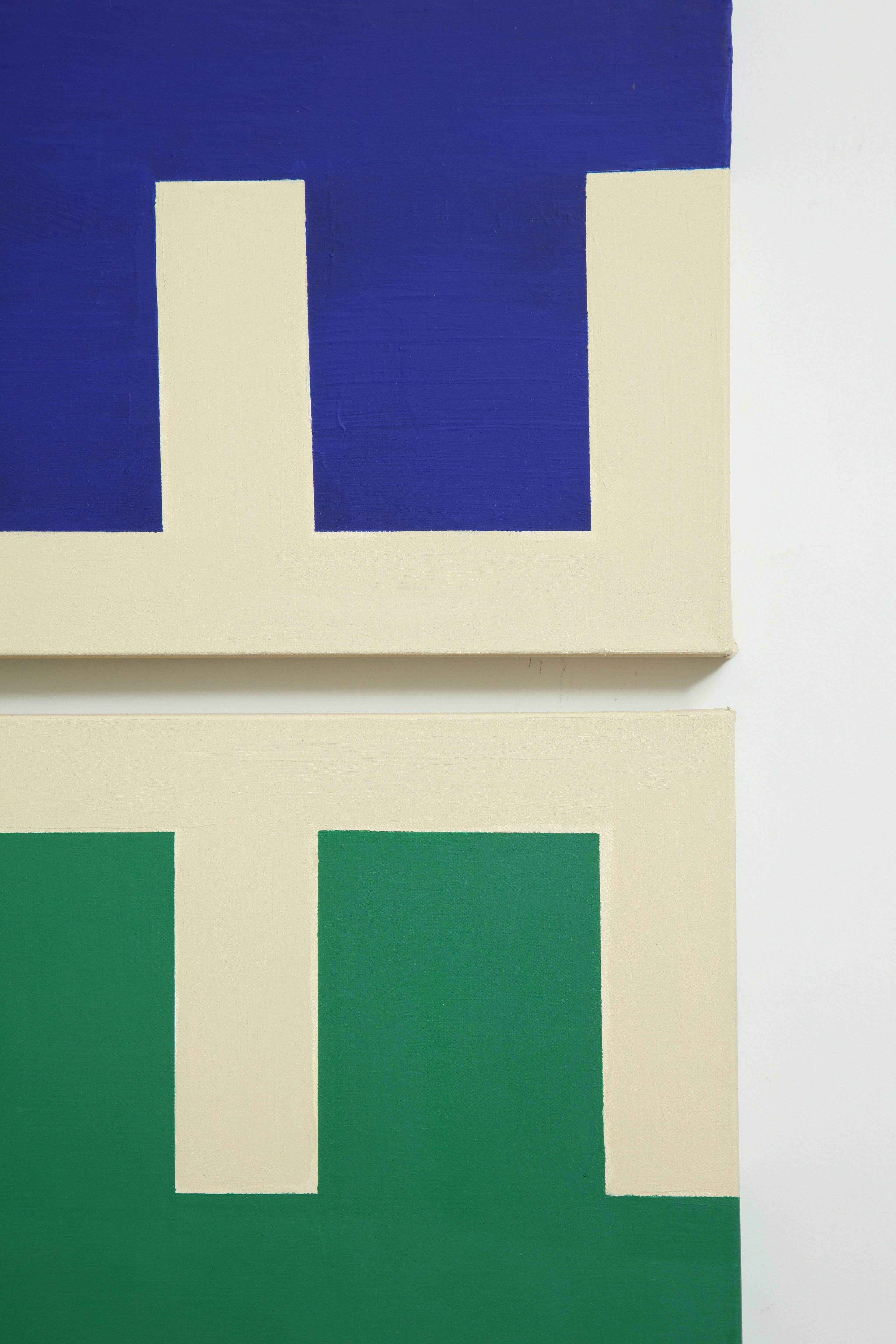 Diptych Abstract Geometric Painting  Blue, Green and Cream