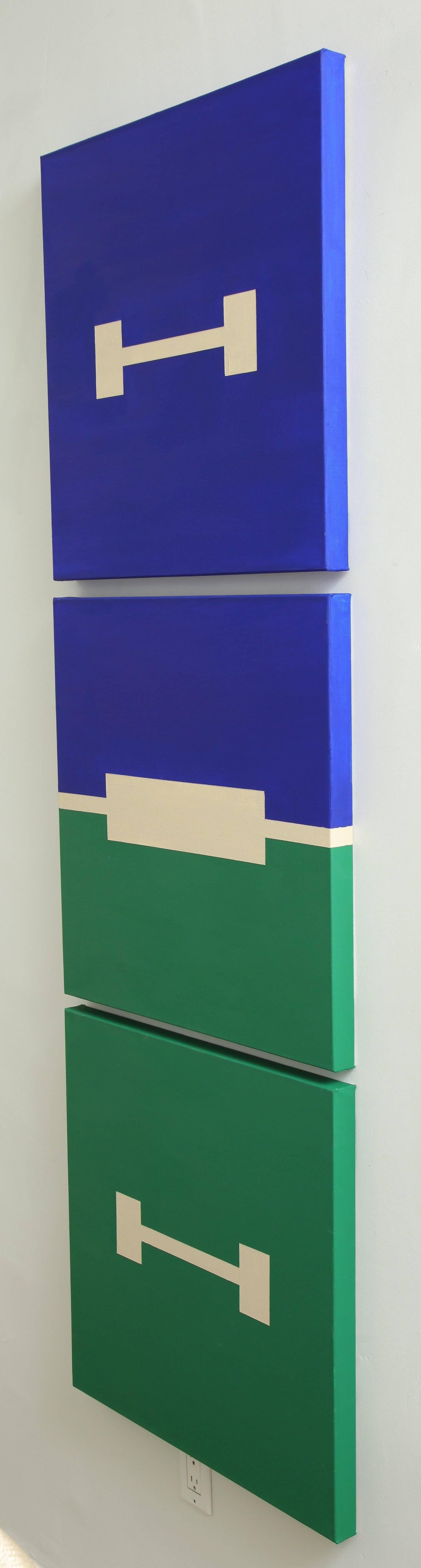 The rich &quot;Cobalt Blue and Green&quot; Triptych Painting  is a study in balance of color and form. Inspired by early European Urban Planning and the motion of orderly movement within a space.
The piece of art is signed by the artist by the