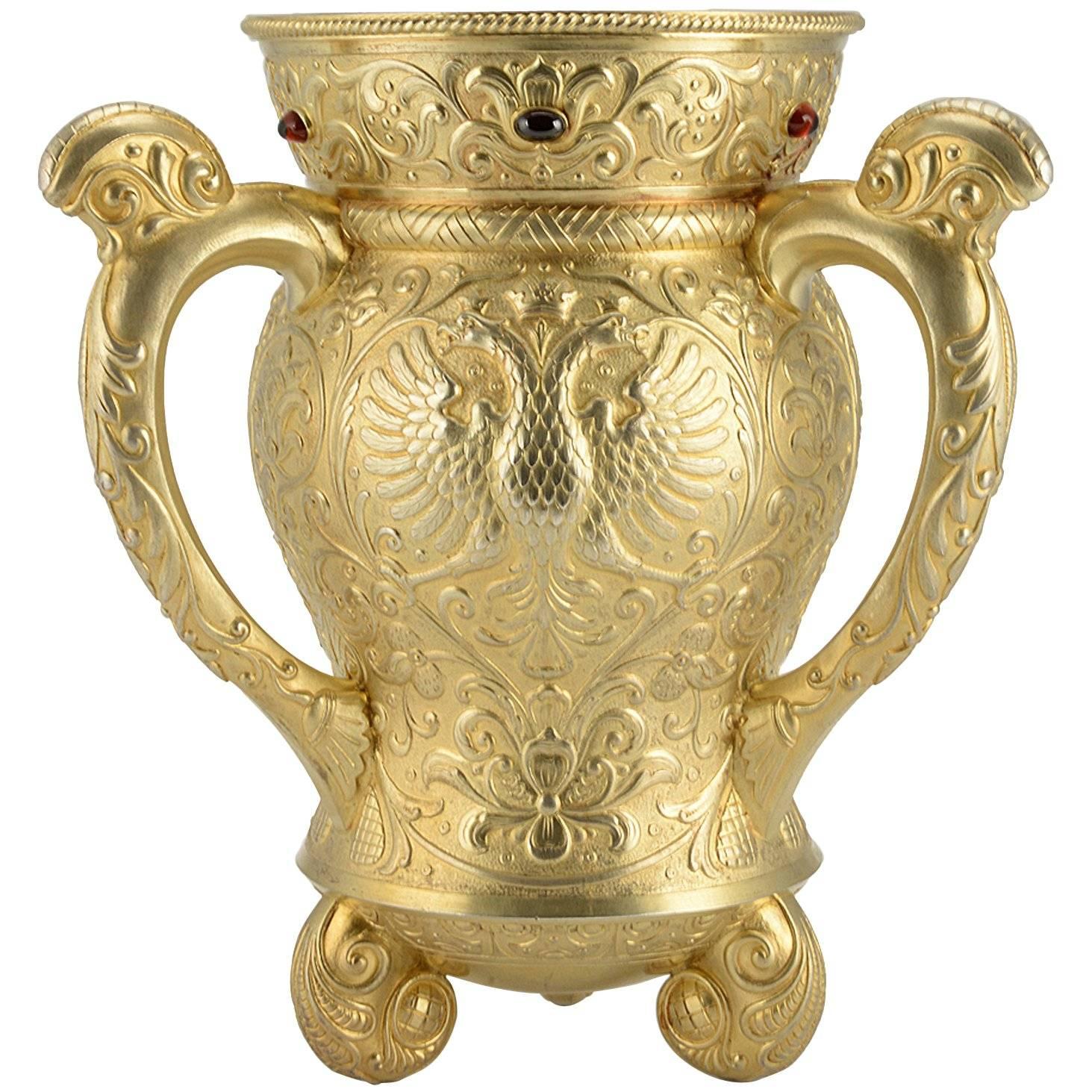 19th Century Russian Imperial Gem-Set Gilded Silver Trophy Cup by Ovchinnikov