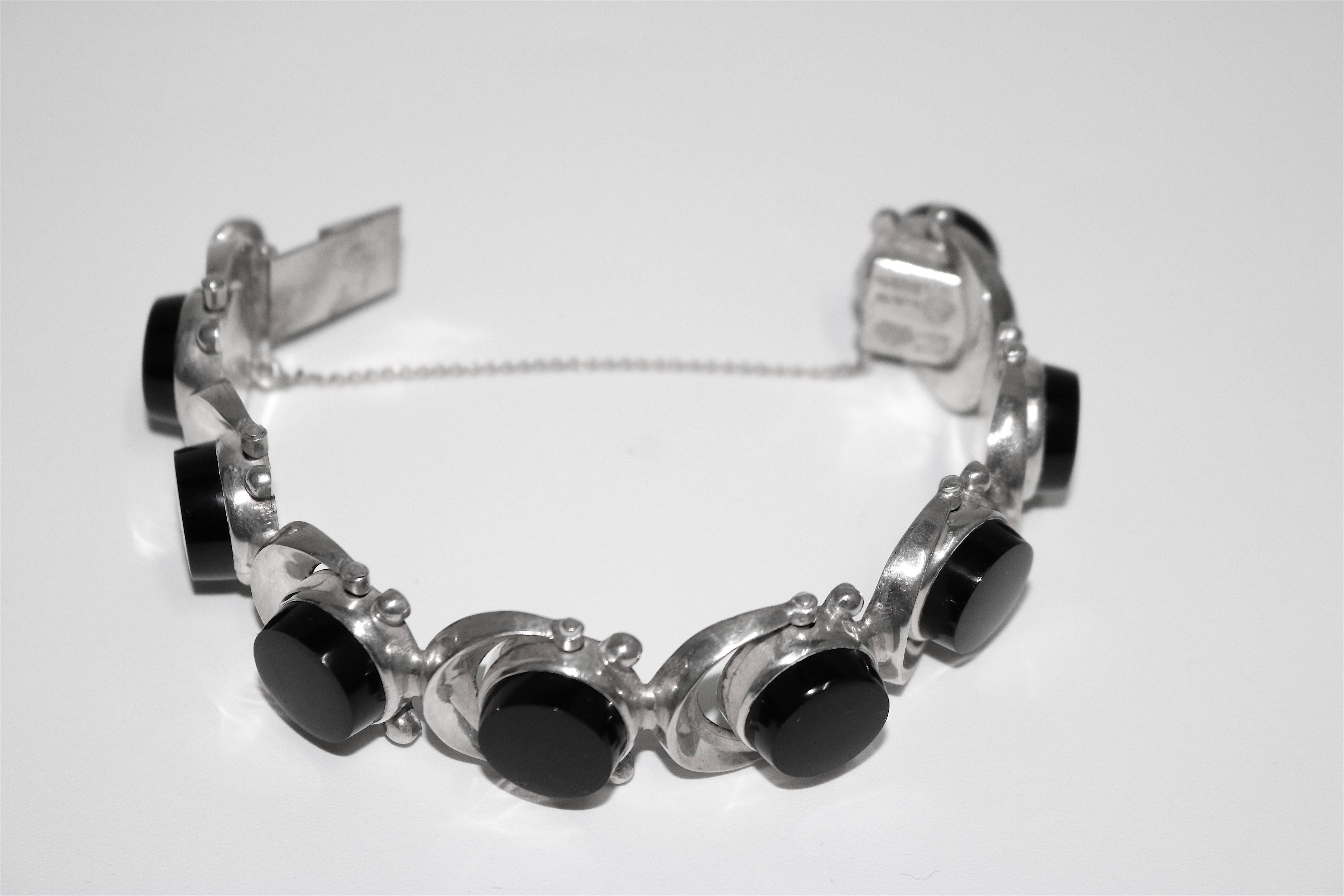 Women's Modernist Mexico 1950s Antonio Pineda 4 Pc. Sterling Onyx Parure-Hallmarked For Sale