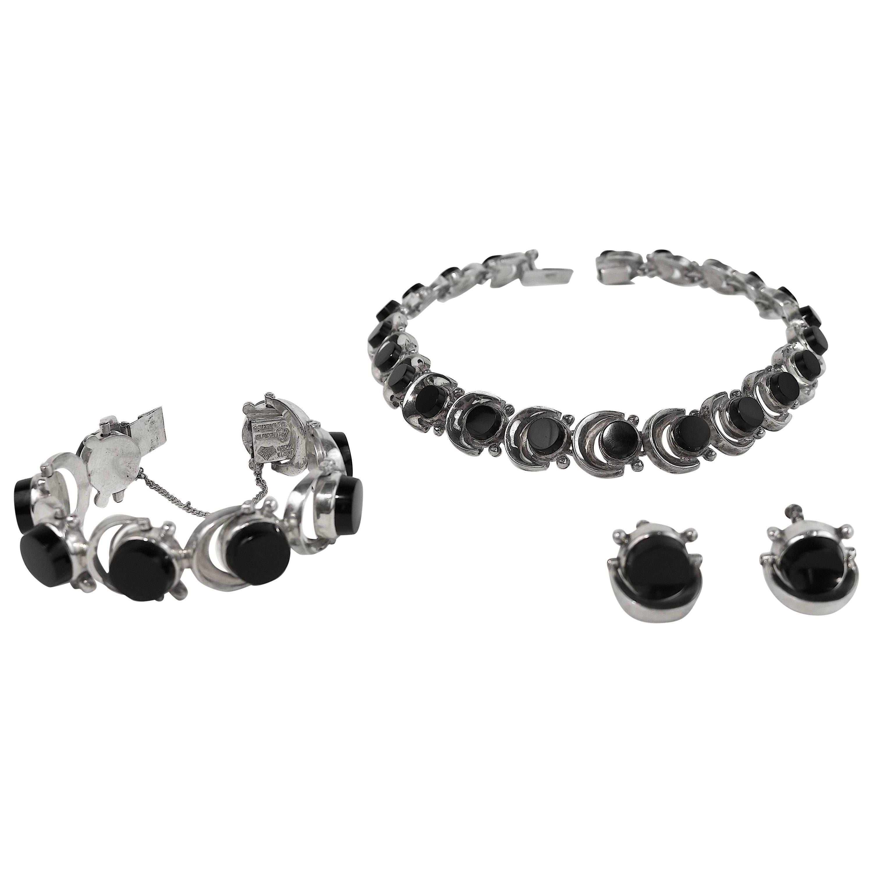 Modernist Mexico 1950s Antonio Pineda 4 Pc. Sterling Onyx Parure-Hallmarked For Sale