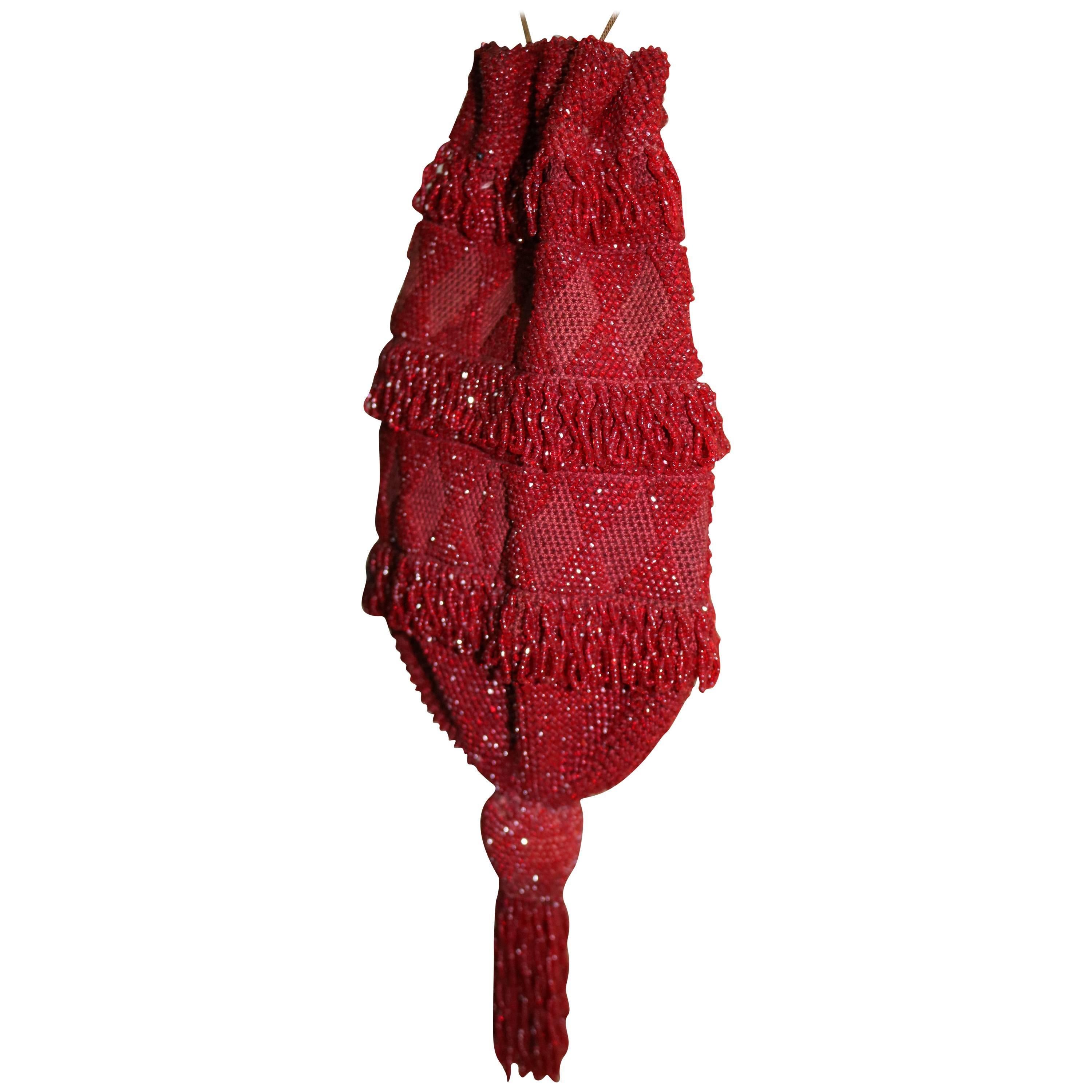 Sophisticated Art Deco Deep Red Beaded Flapper Evening Bag with Tassel For Sale
