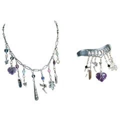 Vintage Modernist Mexican Sterling Silver Dangling Charm Necklace and Bracelet Set 