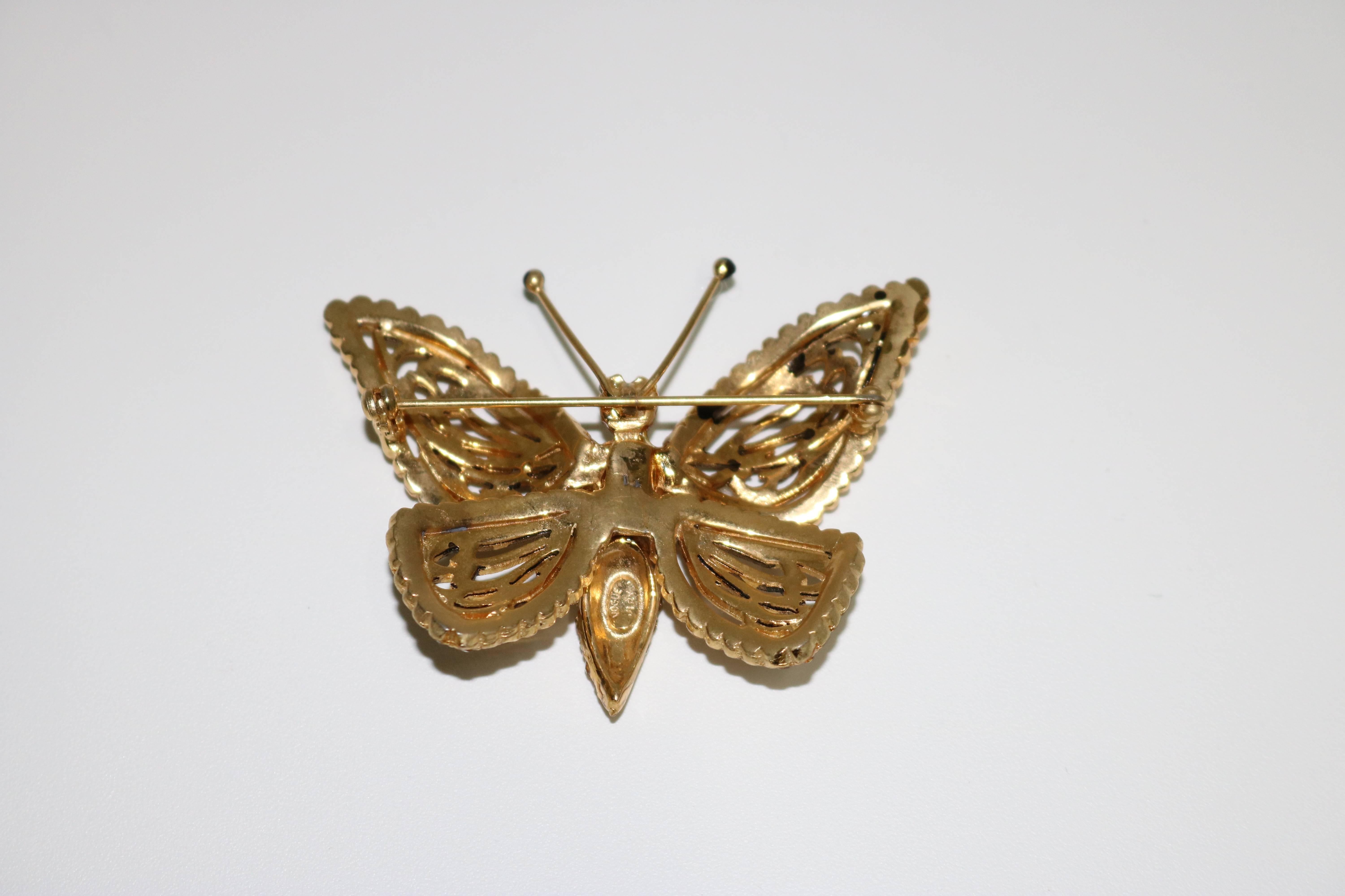 Art Deco Vogue Articulated Gold Plate Diamante Butterfly Brooch Enameled  For Sale