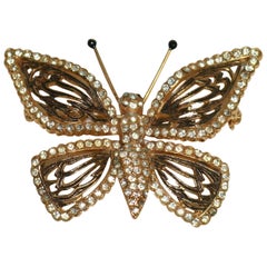 Vintage Vogue Articulated Gold Plate Diamante Butterfly Brooch Enameled 