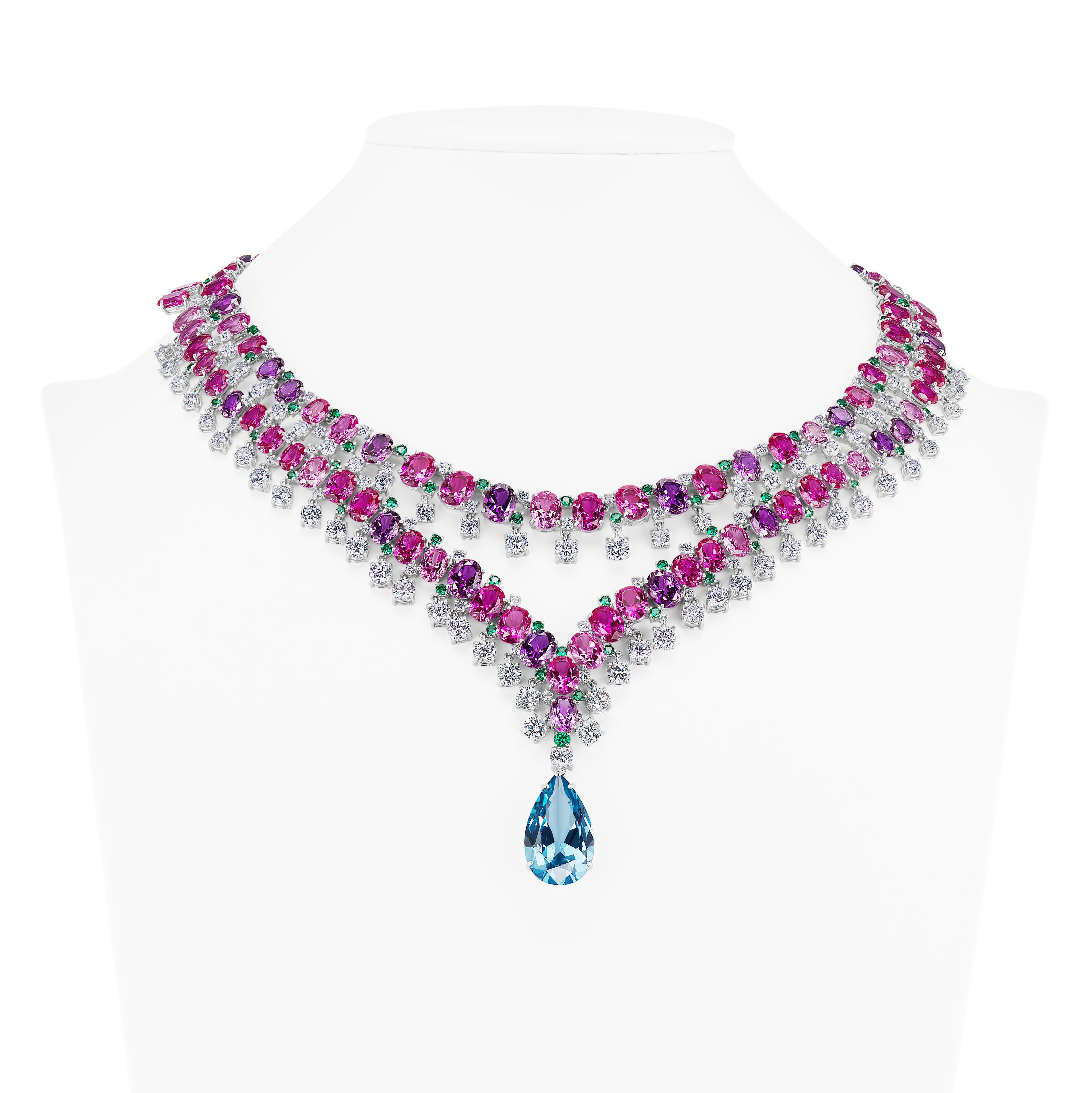 Magnificent Costume Jewelry Man-Made Aquamarine Pastel Gem Sterling Silver  Double Strand Pendant Necklace Fully Flexible Edged with Dangling Cubic Zirconia Drops. Most Gorgeous Range of Mauve, Lilac, Emerald and Aquamarine Man-Made Gems. Hand -Made