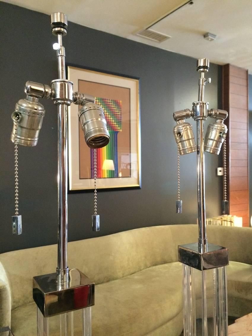Mid-Century Modern Pair of Lucite and Chrome Floor Lamps by Karl Springer For Sale