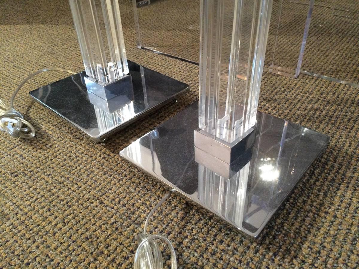 American Pair of Lucite and Chrome Floor Lamps by Karl Springer For Sale
