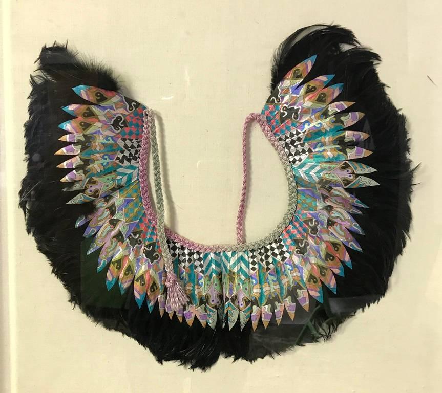 Mid-Century Modern K. Lee Manuel Framed Hand Painted Feather and Textile Wearable Necklace / Collar For Sale