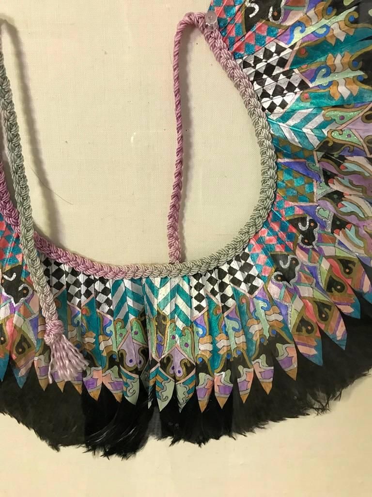 American K. Lee Manuel Framed Hand Painted Feather and Textile Wearable Necklace / Collar For Sale