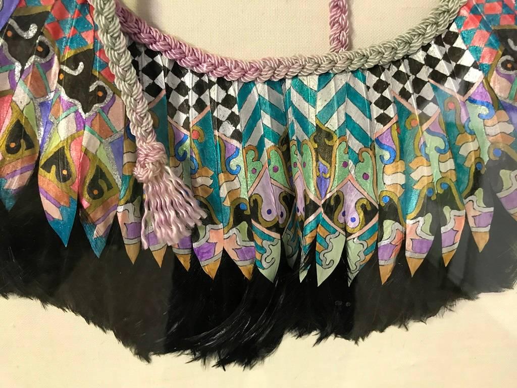 K. Lee Manuel Framed Hand Painted Feather and Textile Wearable Necklace / Collar In Good Condition For Sale In Studio City, CA