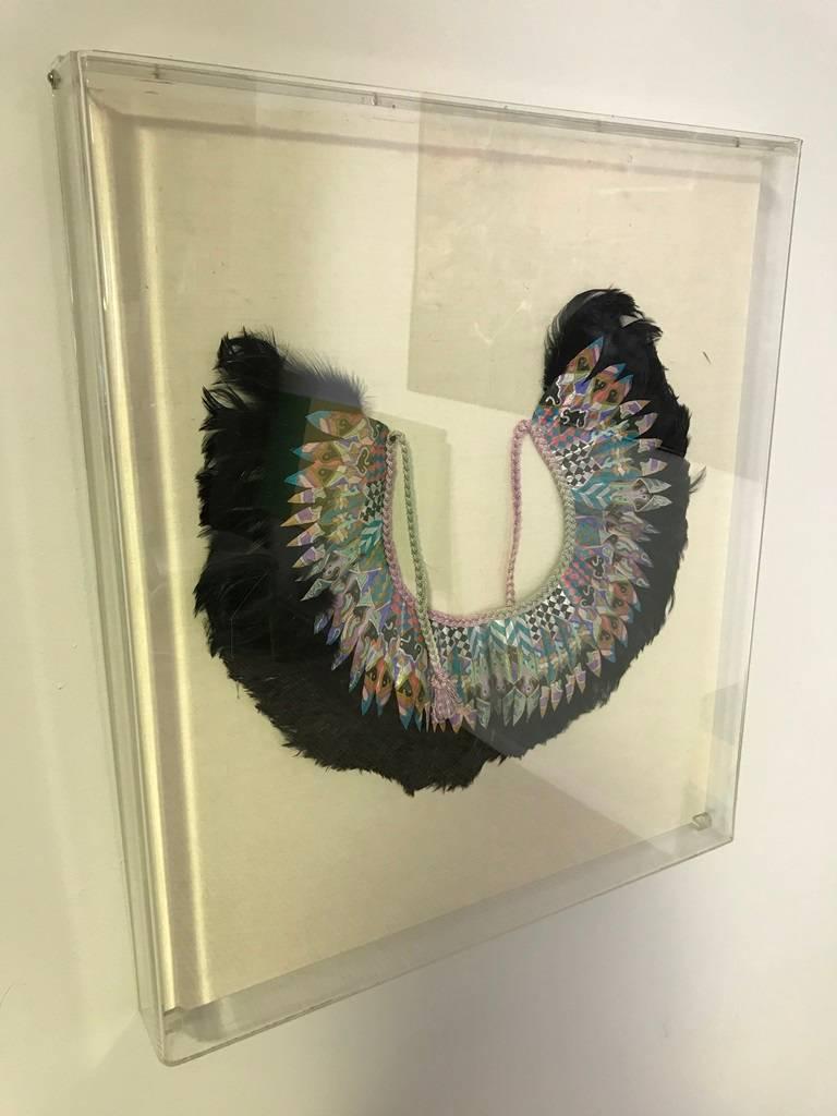 Nylon K. Lee Manuel Framed Hand Painted Feather and Textile Wearable Necklace / Collar For Sale