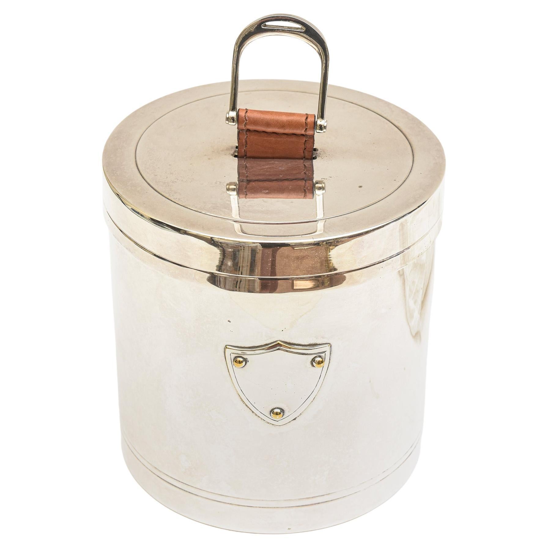 Ralph Lauren Vintage Silver Plate Ice Bucket Leather Pull Handle, Thongs Barware For Sale