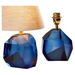 Stunning Murano Glass Table Lamps, Rich Blue with Brass Fittings, Italy