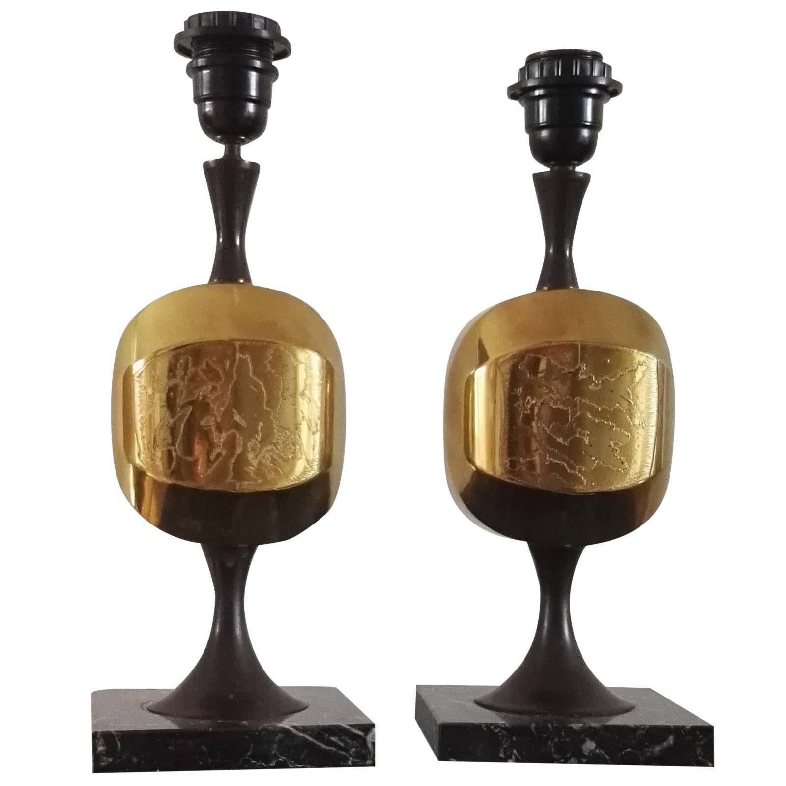 Pair of Etched Brass and Marble Table Lamps by Barbier, France, 1970s