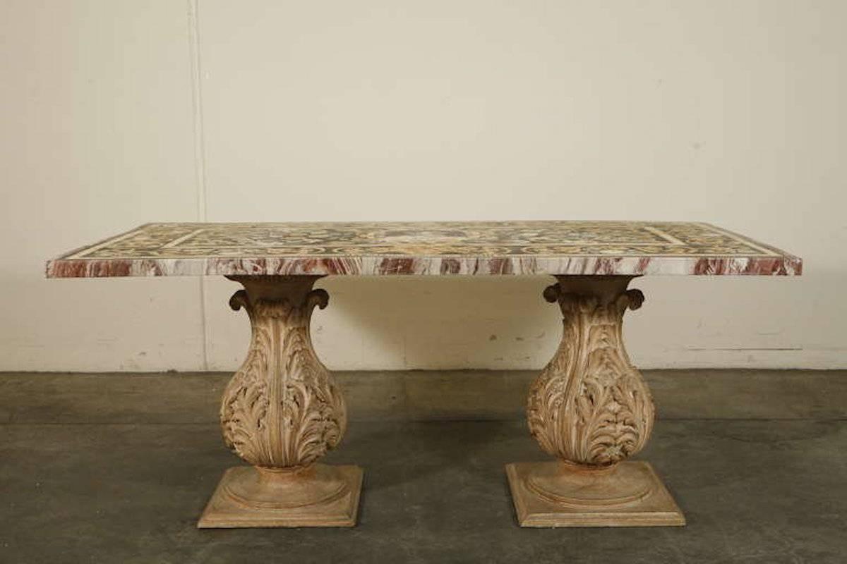 Italian Painted Pietra Dura Tabletop with Wood Pedestals
