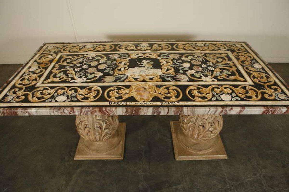 Painted Pietra Dura Tabletop with Wood Pedestals 1
