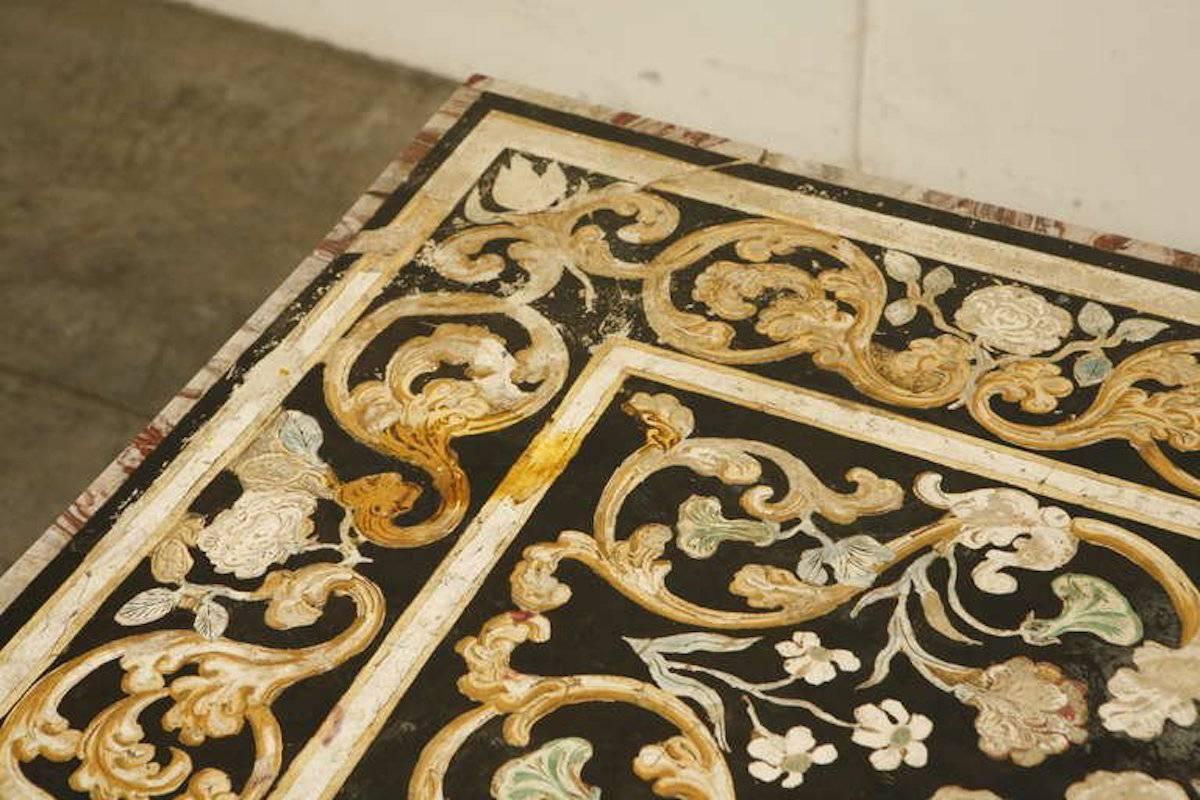 Painted Pietra Dura Tabletop with Wood Pedestals In Good Condition In Washington, DC