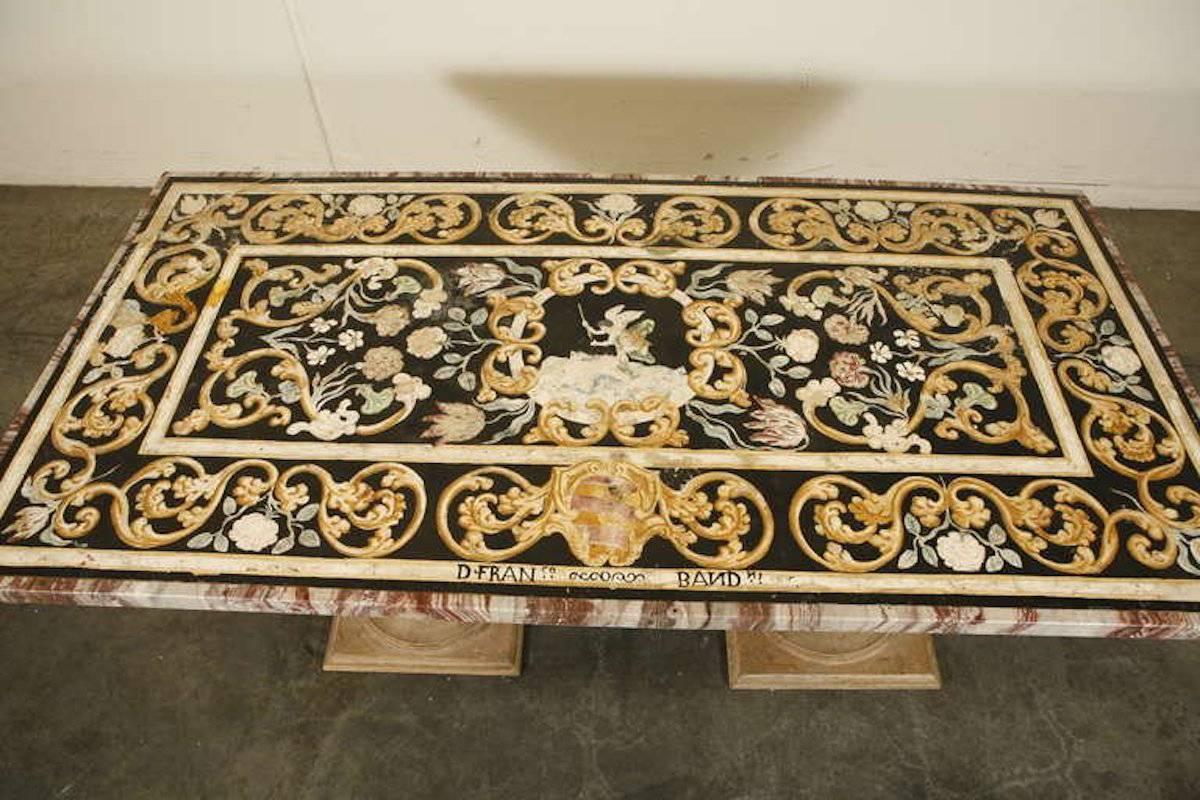 Plaster Painted Pietra Dura Tabletop with Wood Pedestals
