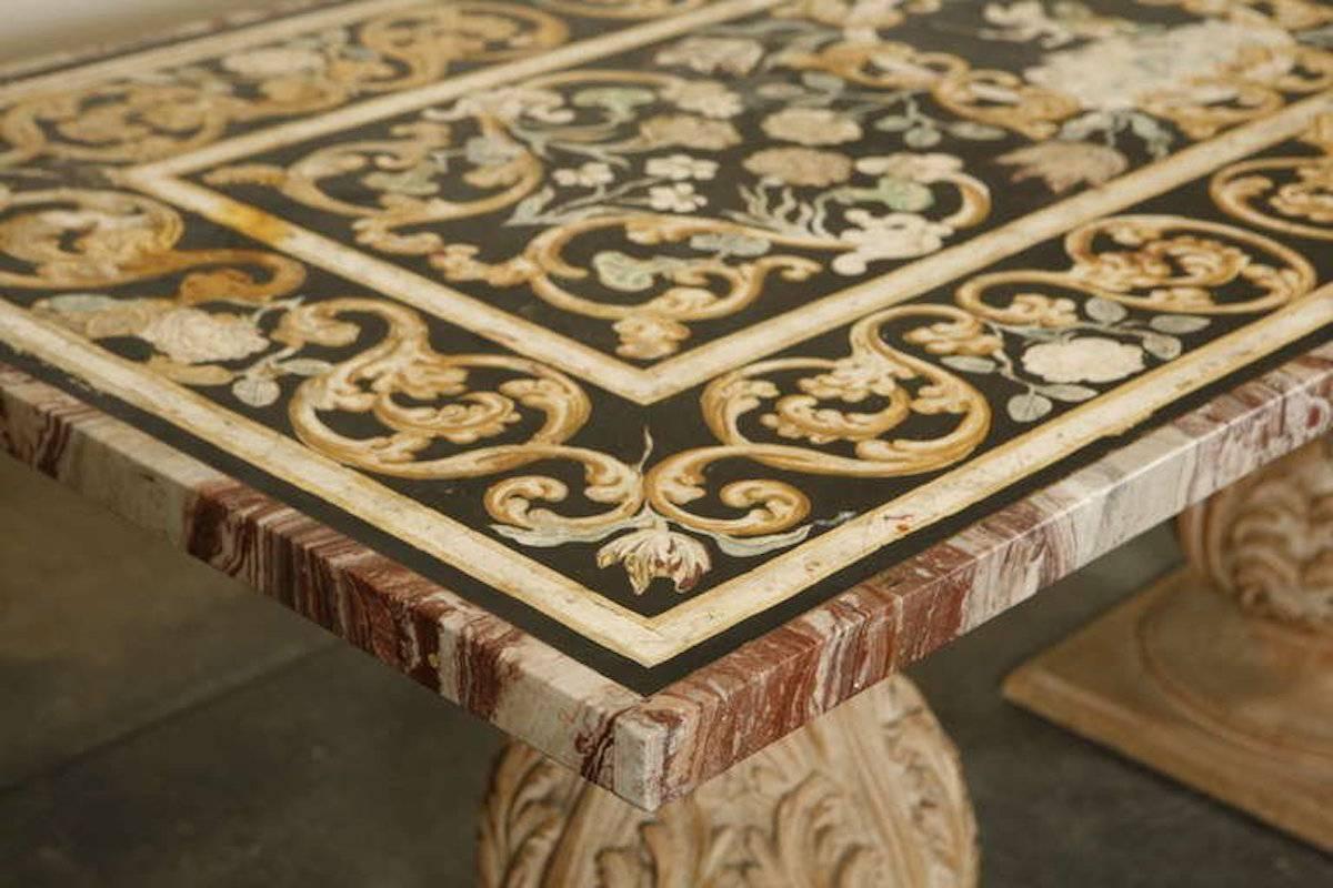 19th Century Painted Pietra Dura Tabletop with Wood Pedestals
