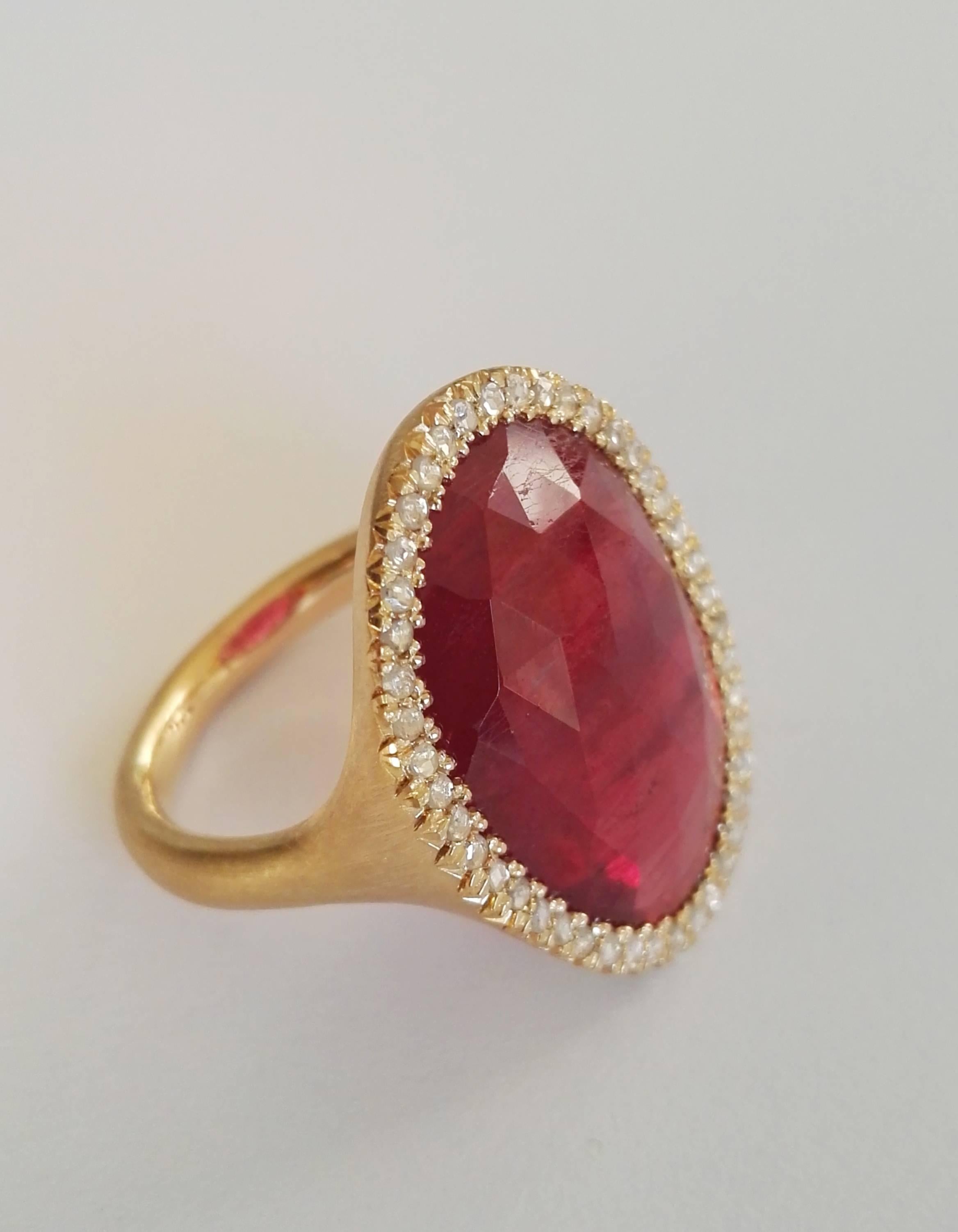 Dalben Red Faceted Sapphire Rose Cut Diamond Gold Ring In New Condition For Sale In Como, IT