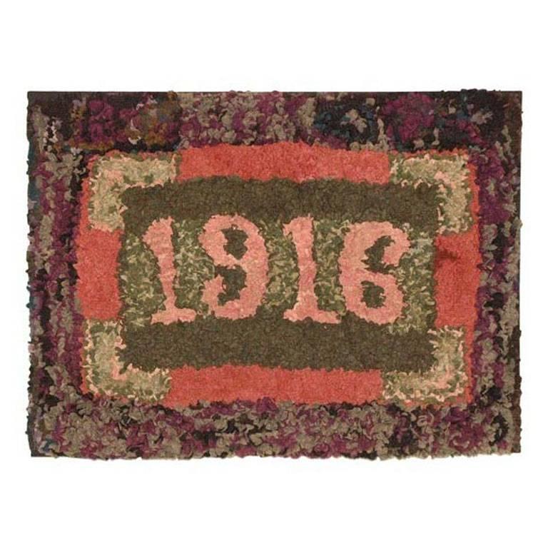 Folky Dated 1916 Mounted Hand-Hooked/ Shirred Rug For Sale
