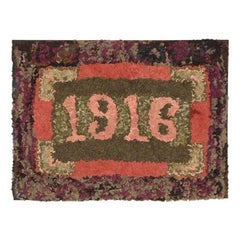 Folky Dated 1916 Mounted Hand-Hooked/ Shirred Rug