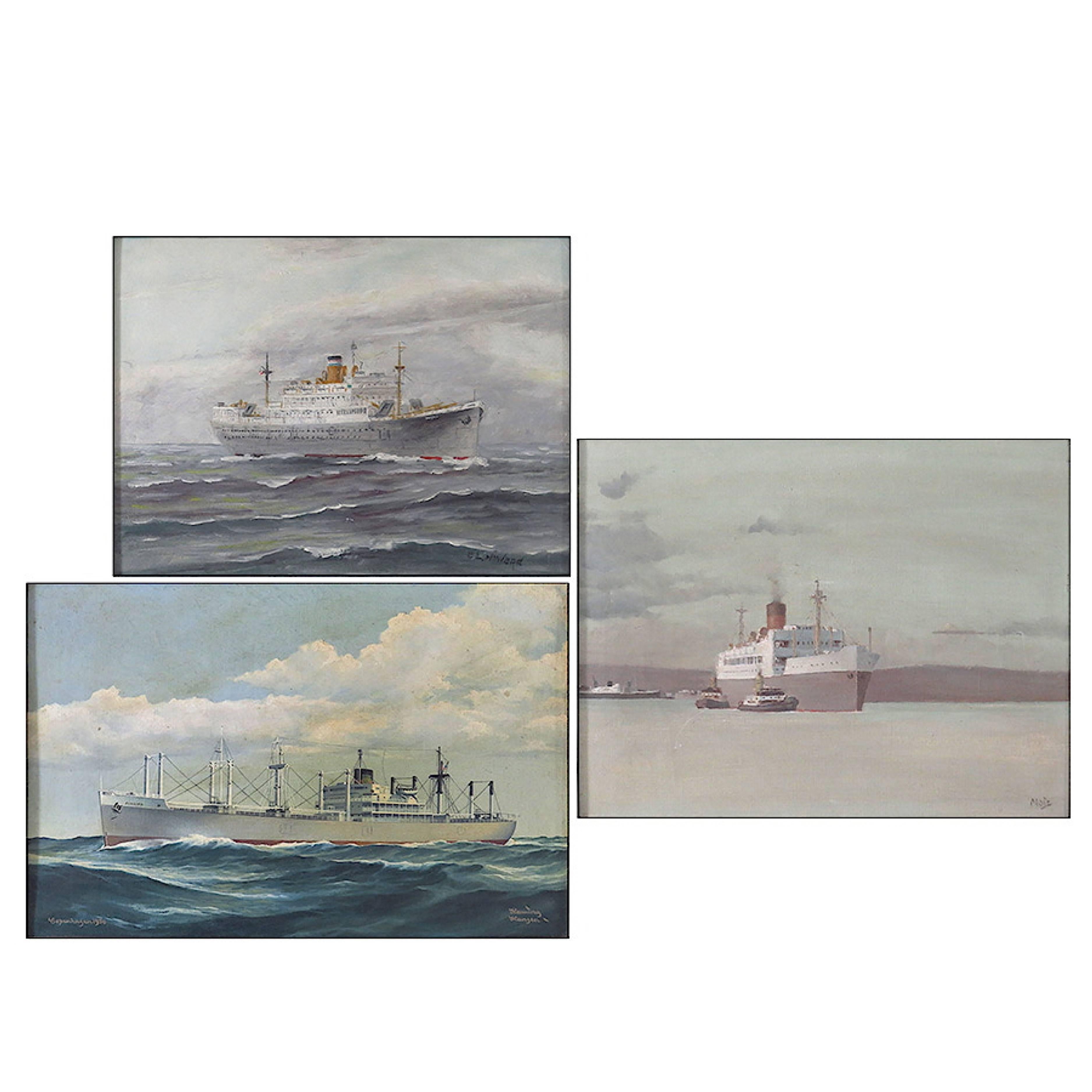 Trois peintures nautiques du début du XXe siècle, huile sur toile