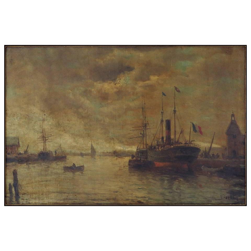 Ships at Dock (ships français au quai), signé illisible «LR 'Barlhey » dans un cadre en bois doré en vente