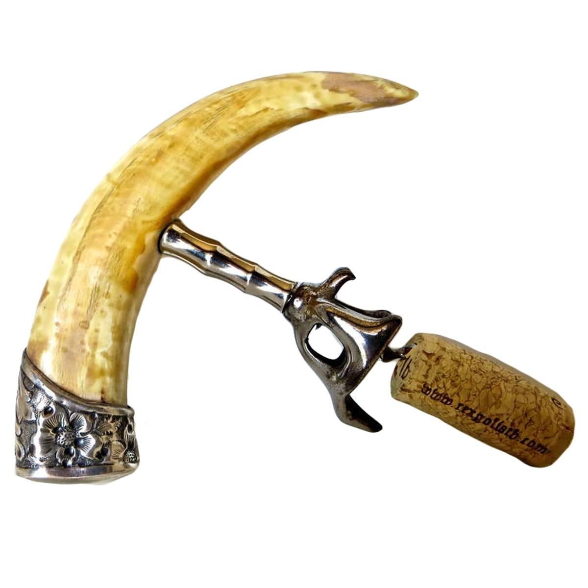 Sterling & Boar's Tusk Corkscrew Wine Bottle Opener, circa 1880