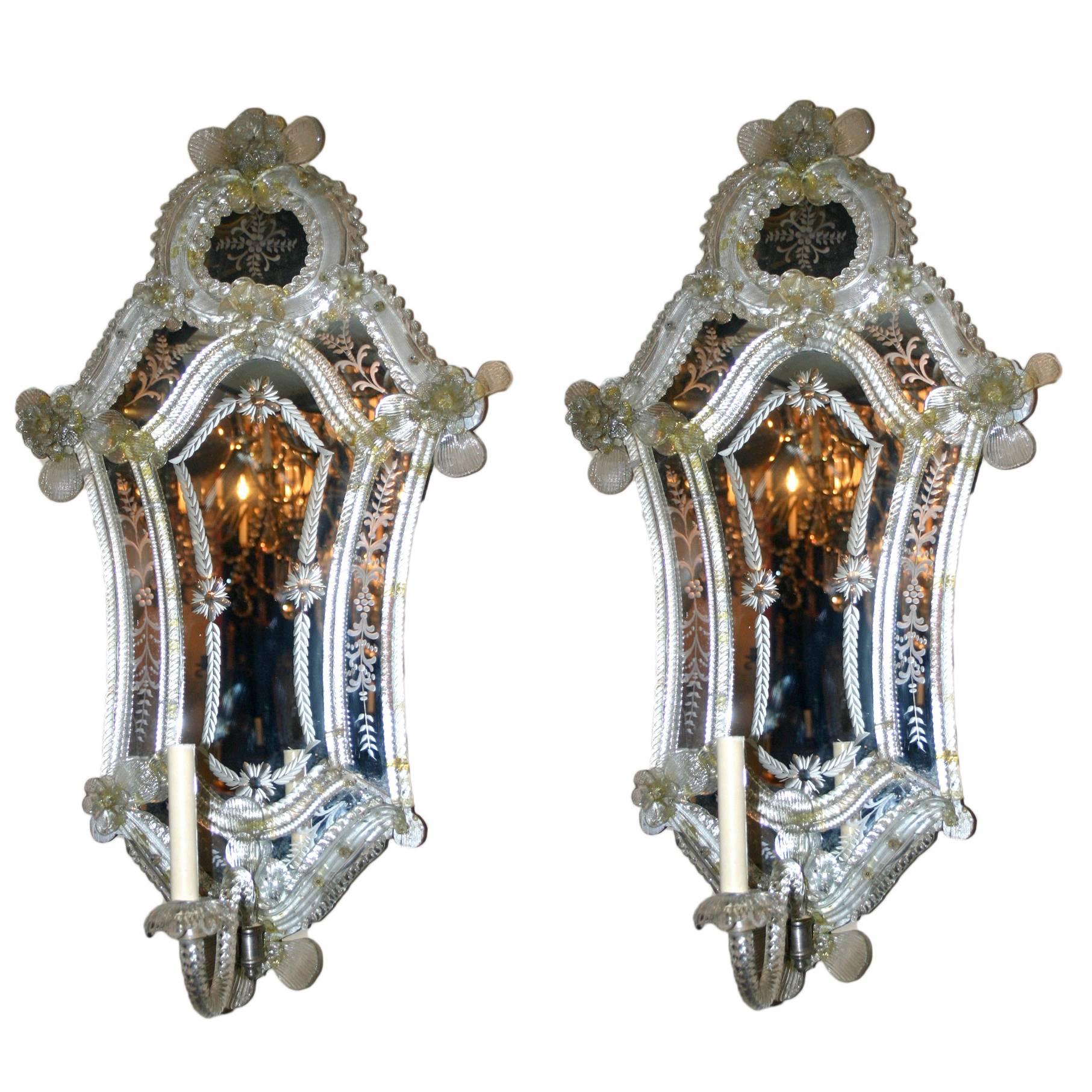 Pair of Large Venetian Mirror Sconces For Sale