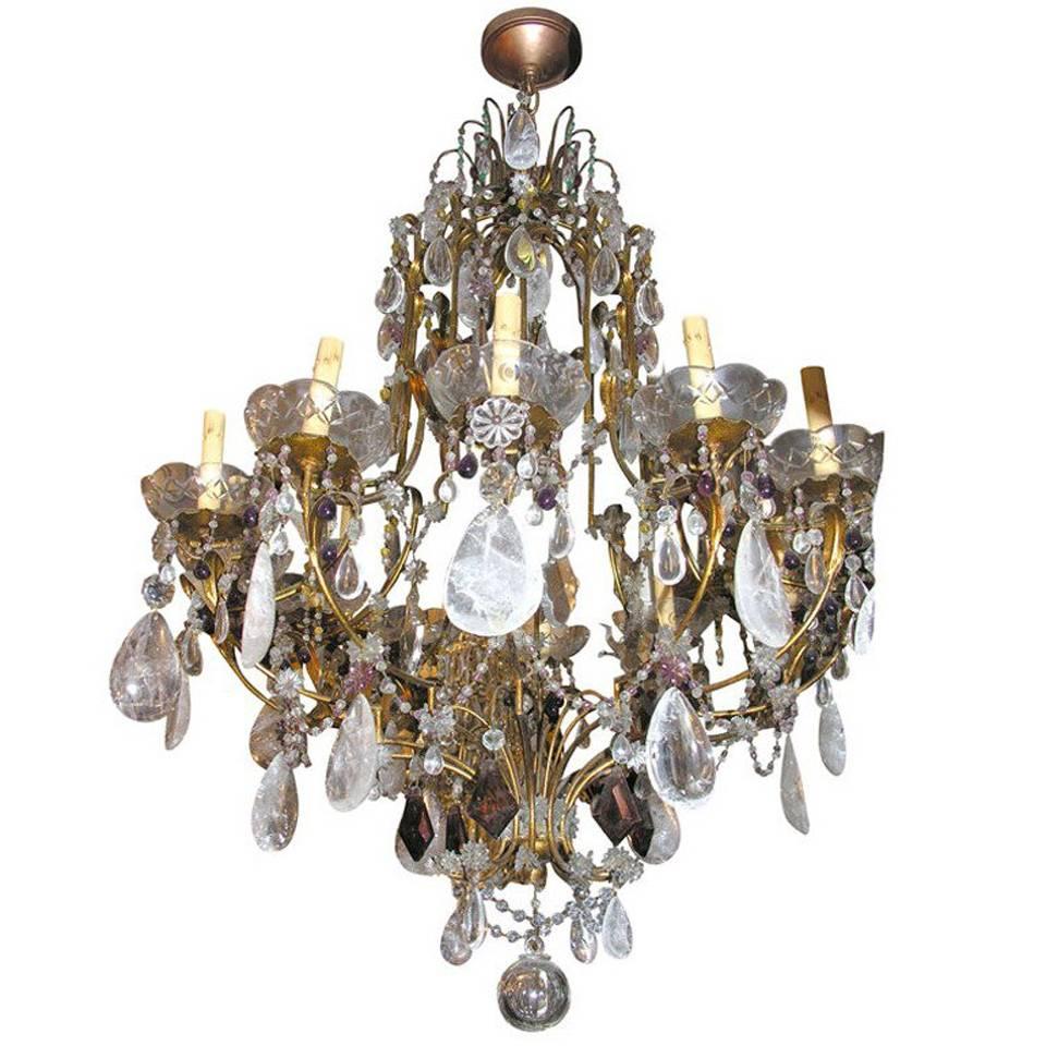 Large Gilt Metal and Rock Crystal Chandelier