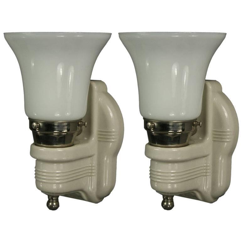 Pair of Porcelain Sconces with Milk Glass Shades at 1stdibs