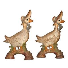 Rare Iron Duck Andirons with Glass Eyes
