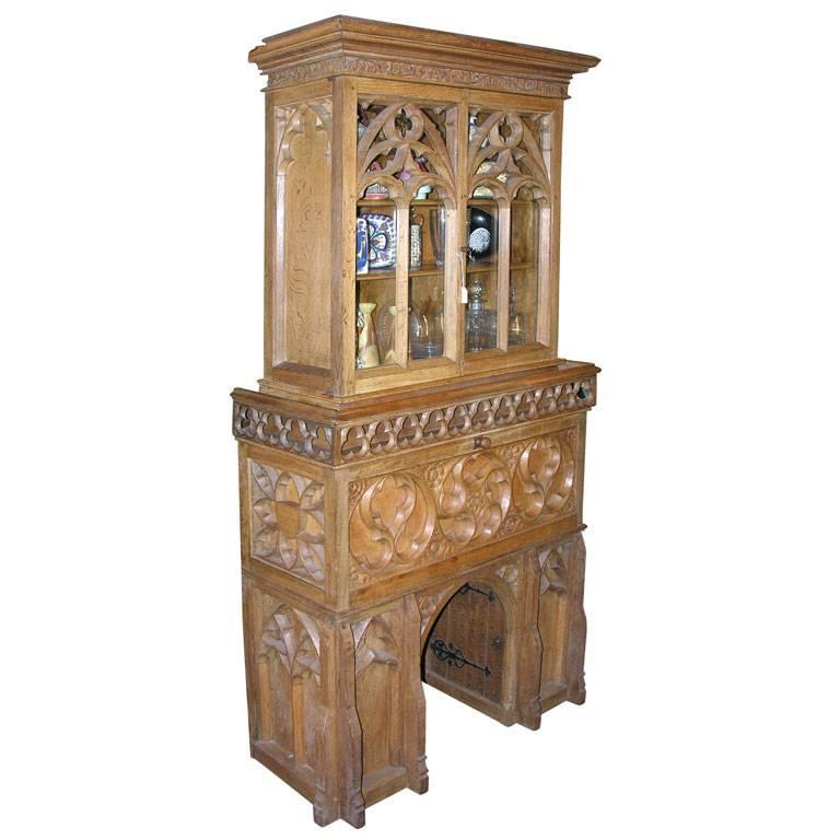 19thc American Gothic Revival Oak Cabinet With Fall Front Desk At
