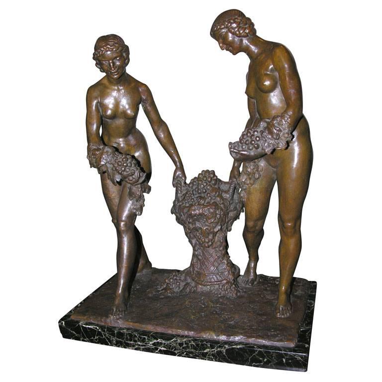 Art Deco Bronze Sculpture of Bacchantes by L. Dolapehier