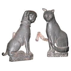 Pair of Early Cat and Dog Bronze or Brass Andirons