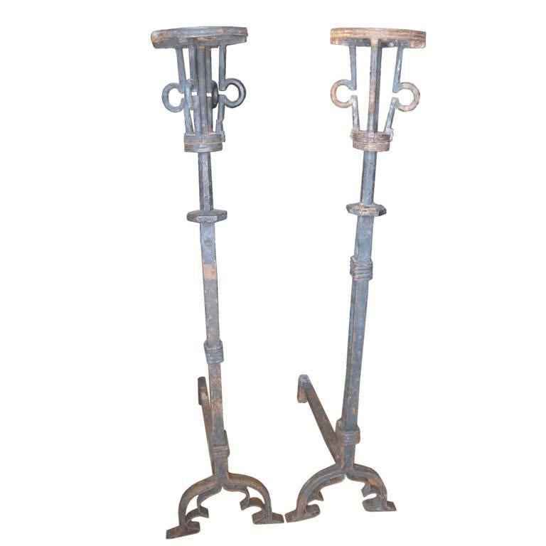 50" Pair of Hand-Forged Iron Andirons For Sale