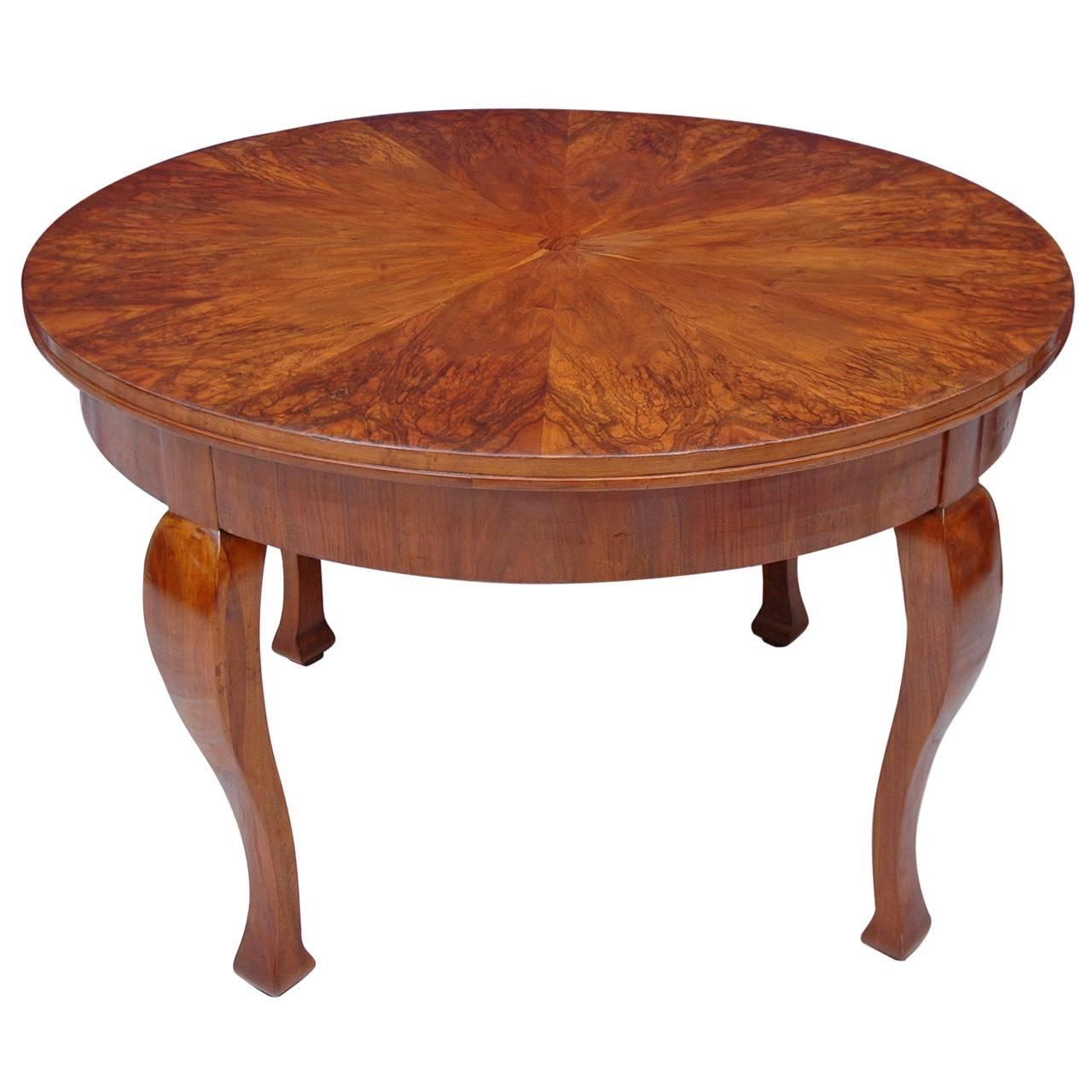 47" French Art Deco Round Dining or Center Table with Figured Walnut Top