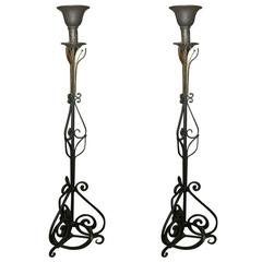 Antique Pair of Hand-Forged  Iron Torchieres Attributed to Meizner Lamps