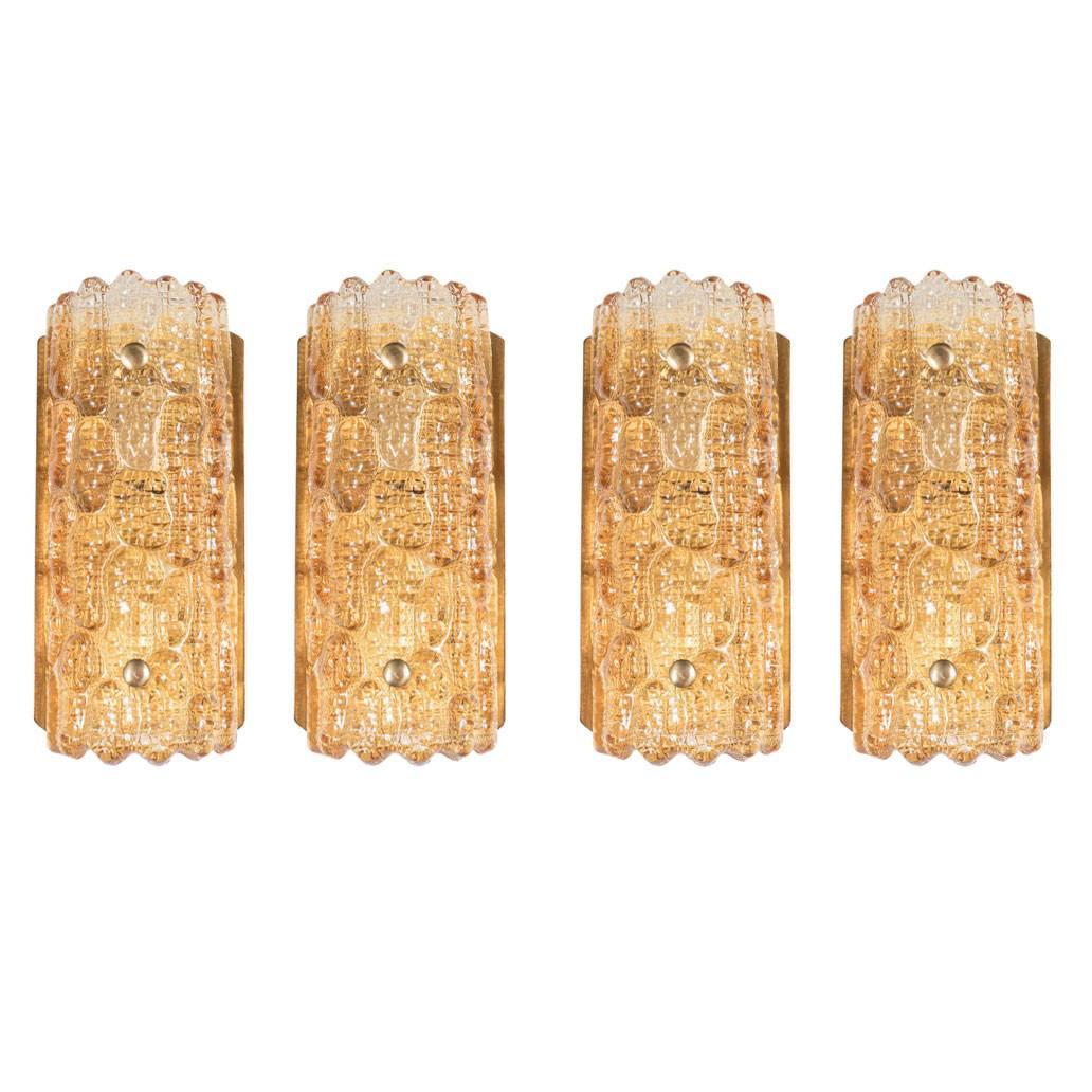 Mid-Century Modern Set of 4 Amber Glass Sconces by Carl Fagerlund for Orrefors