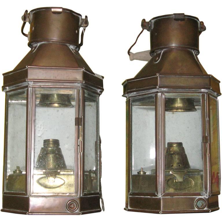 Pair of Brass Oil Lanterns Made into Wall Sconces