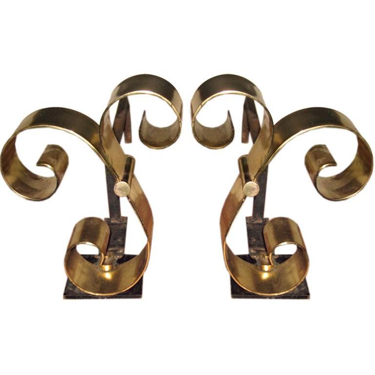 Pair of Brass Midcentury Andirons Attributed to Raymond Subes For Sale