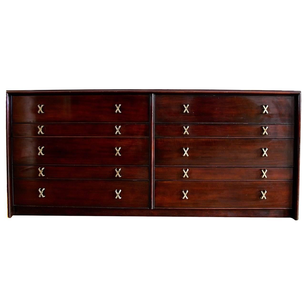 Paul Frankl for Johnson Furniture Mahogany Ten-Drawer Dresser with X Pulls