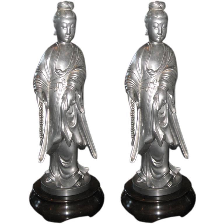 Pair of Pewter Lamps For Sale
