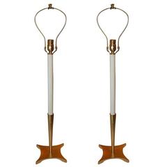 Pair of Satin Brass Candlestick Lamps by Stiffel