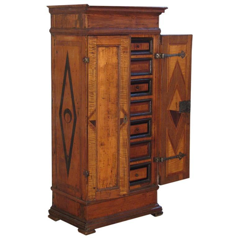 18th Century Alpine Baroque  Inlaid Small Cabinet Fitted with Drawers