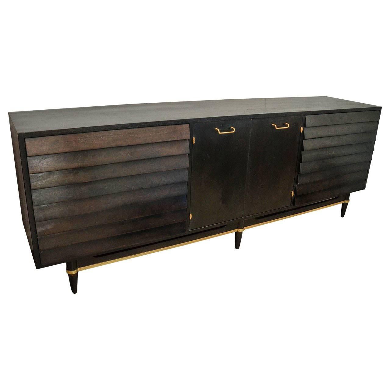 Wood Credenza with Brass Details and Nine Drawers