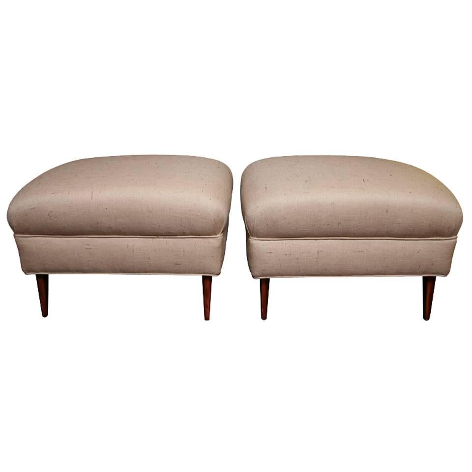 SALE !SALE! SALE! Pair of Mid century Ottomans, recovered in Silk Shantung For Sale